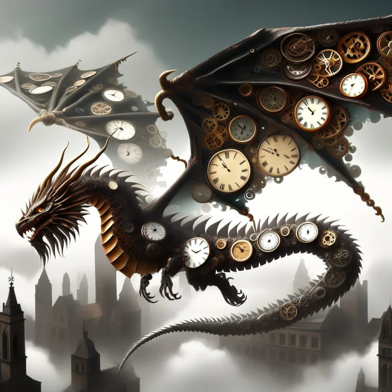 A Massive Dragon Soaring Through A Misty Sky, Its Body A Mas...