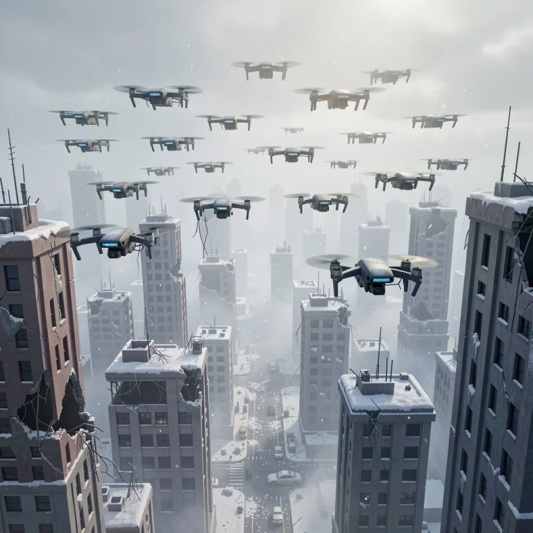 A Drone Swarm Crossing A Shattered Skyline, Pixar Style 3d,...
