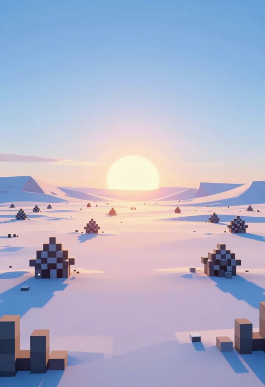 Northern Tundra Glowing Under Low Sun, Voxel Art, Physically...