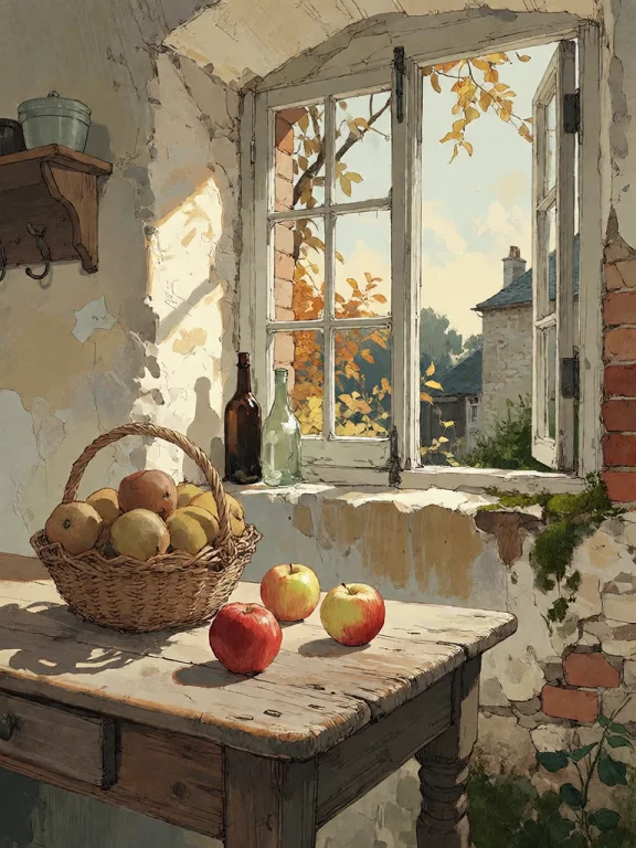 Bradhamel Art Style. A Rustic Interior Scene Featuring A Wea...