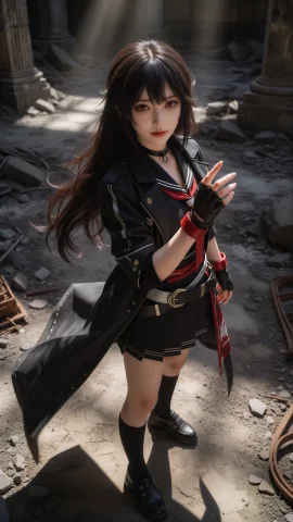 Akame, Amusement — Stable Diffusion AI Prompt: 赤瞳(Akame),纤瘦型赤瞳少女伫立于意大利南部的古老火山遗迹之中，及膝的黑发如墨瀑般...