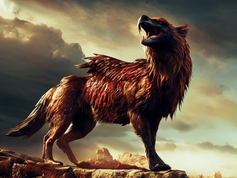 Cinematic Movie Epic Still Of A Griffon Looking For A Path T...