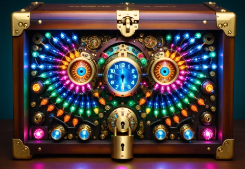 Close-up, Combination Lock, Old Chest, Multiple Eyes, Lazypo... — SDXL AI Prompt: close-up, combination lock, old chest, multiple eyes, lazypos LED, colorful LED...