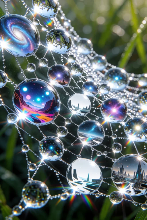 Extreme Macro Photography Of A Spider Web Covered In Morning...