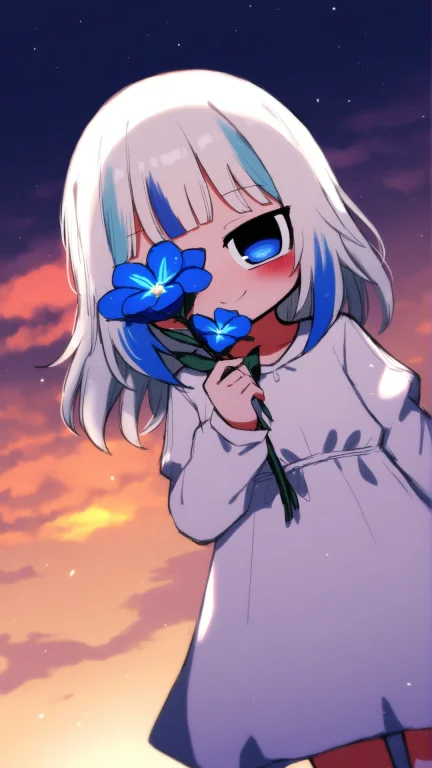 1girl,gawr Gura,age Down,solo,white Dress,holding A Flower I...