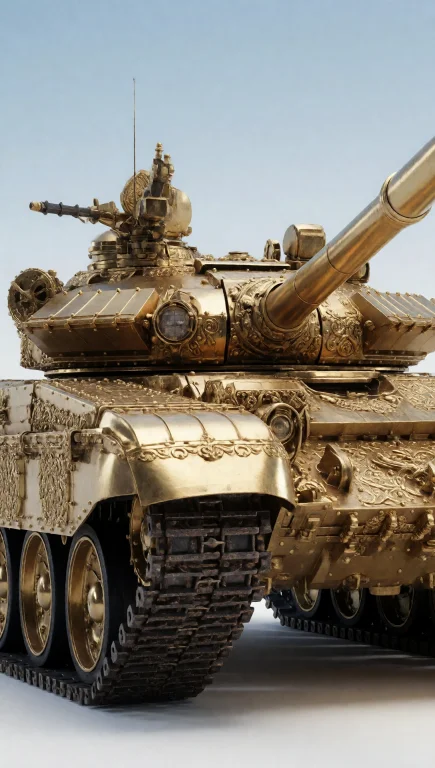 A Photorealistic Photo Of A Heavily Ornate Golden T-80 Tank,...