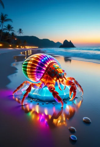 High Quality, Led, Colorful Led Lights, A Tiny Hermit Crab C... — SDXL AI Prompt: high quality, LED, colorful LED lights, a tiny hermit crab carrying a gigantic g...