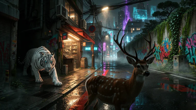 A Large White Tiger Stealthily Stalking A Deer Through A Fut...