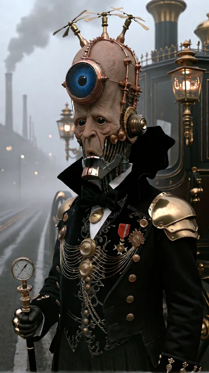 A Bizarre Cybernetic Aristocrat Stands Beside An Enormous St...
