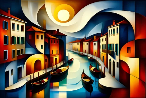 An Abstract Painting. Chiaroscuro. Cubism Style. Beneath A H... — Stable Diffusion AI Prompt: An abstract painting. Chiaroscuro. Cubism style. Beneath a harsh sun. A canal wi...
