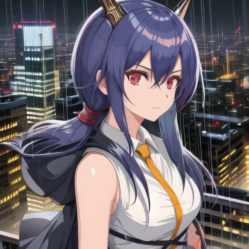 Origen, 1girl, Rain, City, Neon Lights, Cloudy Sky, Night, L...