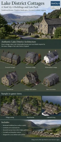 Classic Cottages Of The Lake District Eng., Simcity4 Buildin... — Stable Diffusion AI Prompt: classic cottages of the Lake District (Eng.), SimCity4 buildings and lots pack