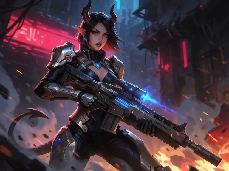 Demon Woman With Horns Tail Holding Futuristic Rifle Cyberpu...