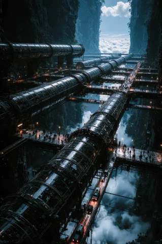 Dcvstexp. Extreme Aerial Wide Shot Of An Endless Vertical Me... — Stable Diffusion AI Prompt: DCVSTEXP. Extreme aerial wide shot of an endless vertical megacity built inside...