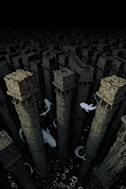 Vast Sunken City Visible Through Black, Glassy Water, Its Cy...