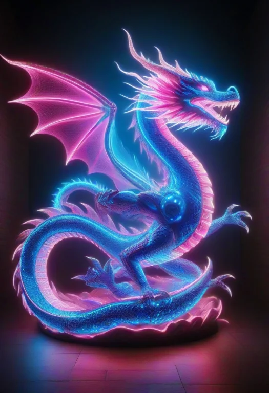 A Dragon Rendered In Radiant Neon Led Lights, Glowing Outlin...