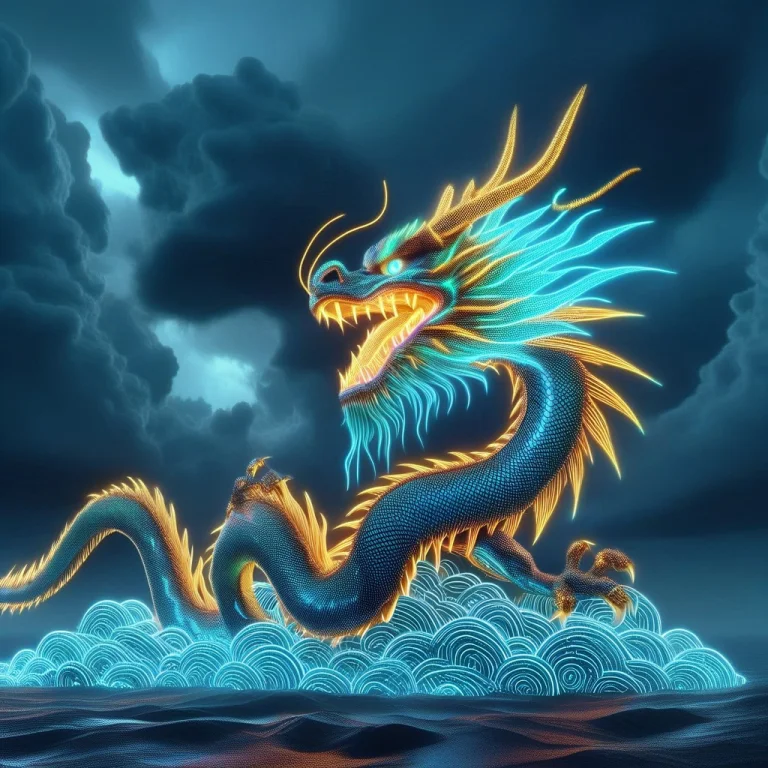 A Serpentine Dragon Weaving Through Dark Storm Clouds, Scale...