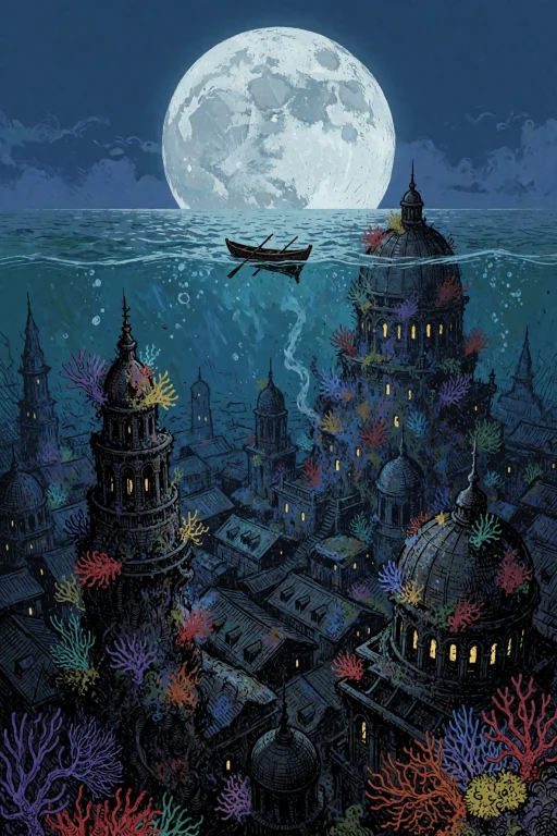 Drowned City Visible Beneath A Calm, Moonlit Sea. The Moon I...