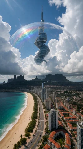 A Massive Transparent Crystalline Dome Covering A Utopian Co... — Stable Diffusion AI Prompt: a massive transparent crystalline dome covering a utopian coastal city, an enorm...