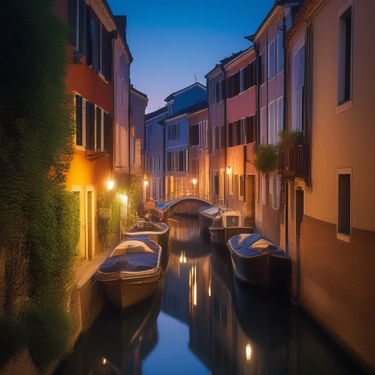 A Narrow Canal Town At Blue Hour, Warm Ambient Glow, Telepho...