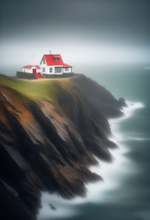 A Lighthouse Keepers Cottage On A Rocky Point, Misty Light,...