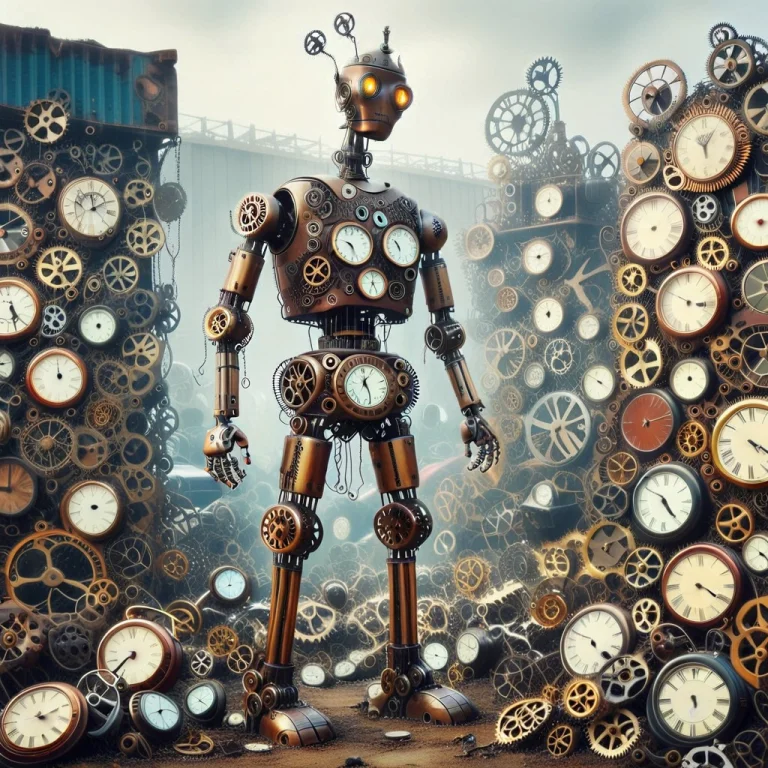 A Steampunk Robot In A Junkyard, Made Of Clocks