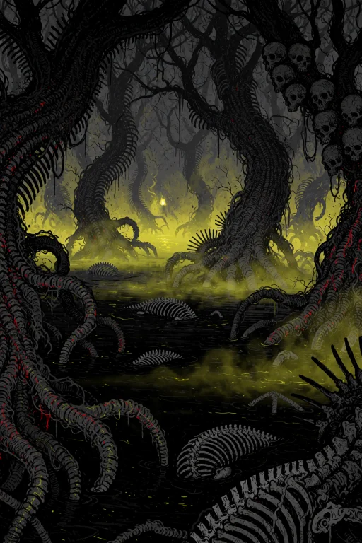 Sprawling Swamp Of Black, Stagnant Water Where The Trees Are...