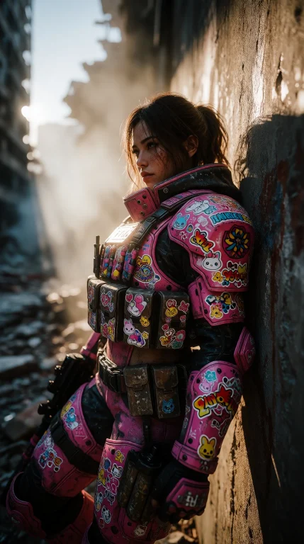 A Single Female Soldier Stands Against A Weathered Concrete...