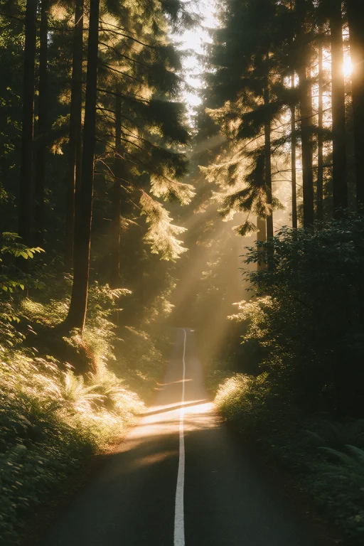 This Photograph Captures A Serene, Sun-drenched Forest Road....