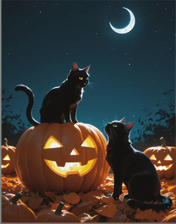 A Black Cat Sitting On Top Of A Large Pumpkin In A Pumpkin P...