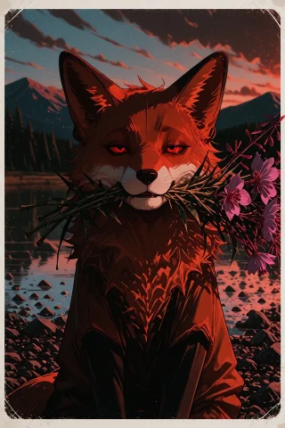A Charming Illustration Of A Fluffy Orange Fox Standing On A... — Stable Diffusion AI Prompt: A charming illustration of a fluffy orange fox standing on a pebbly lakeshore. T...