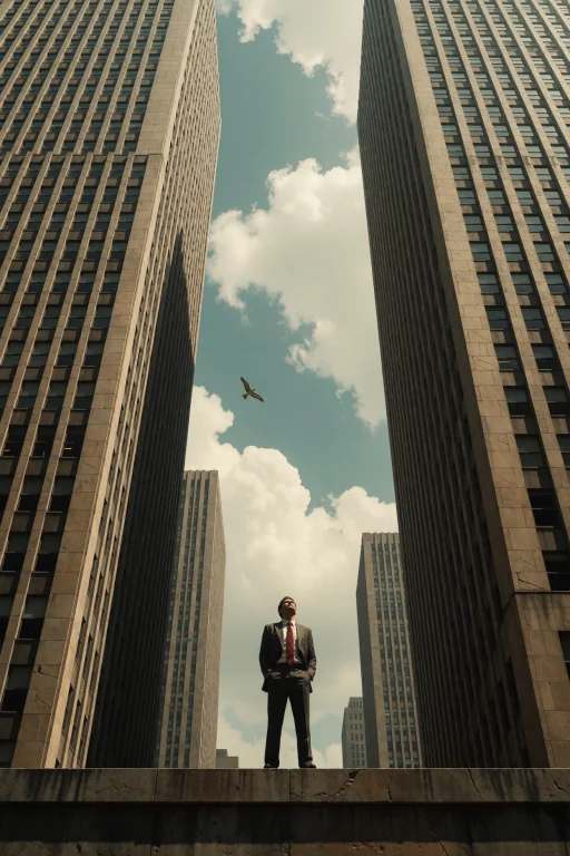 A Businessman In A Suit And Tie Stands On A Ledge Between To...
