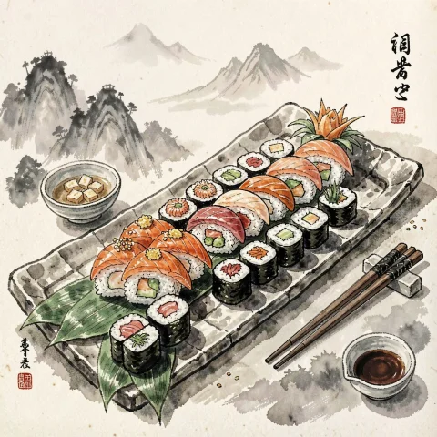 A Sushi Platter Arranged With Precise Care, Ink Wash Paintin... — Stable Diffusion AI Prompt: a sushi platter arranged with precise care, ink wash painting, misty light, high...