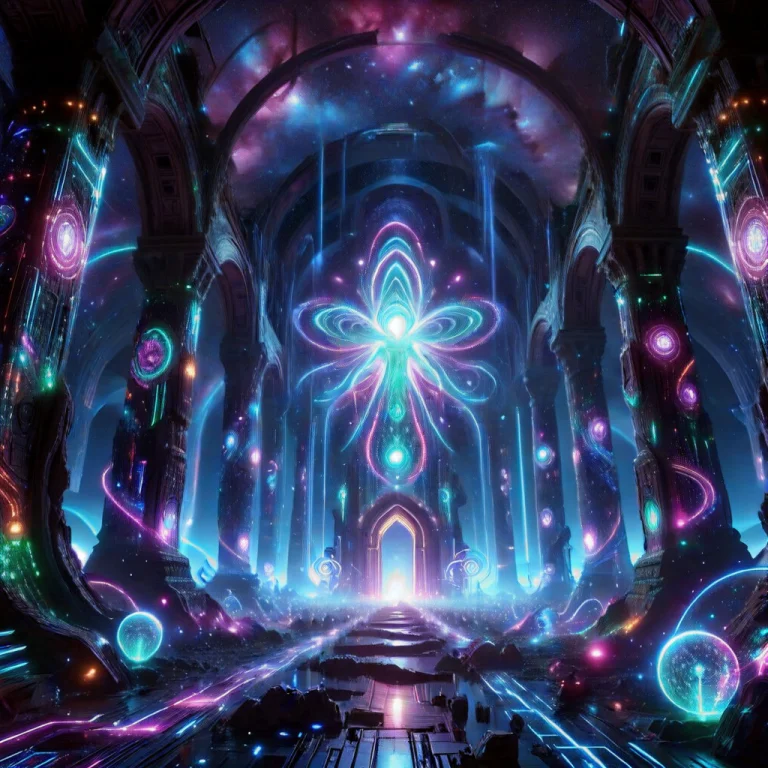 Colorful Led Lights, Ancient Alien Temple Floating In Deep S...