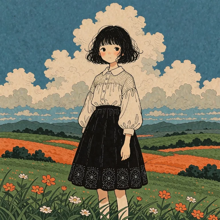 A Whimsical Illustration Of A Young Girl Standing In A Field...