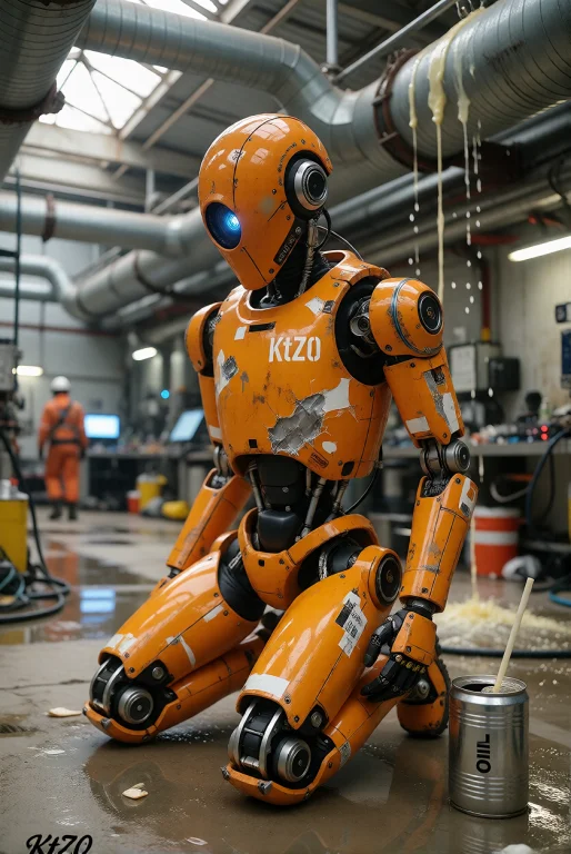 An A Humanoid Robot With A Cylindrical Orange Shell Marked B...