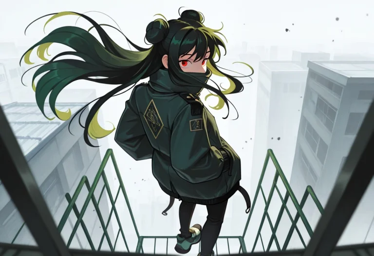 1girl, Long Hair, Solo, Red Eyes, Hands In Pockets, Looking...