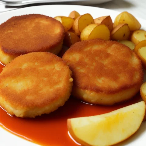4k, Juicy Fried Cutlet With Fried Potatoes In Sauce — Stable Diffusion AI Prompt: 4k, juicy fried cutlet with fried potatoes in sauce
