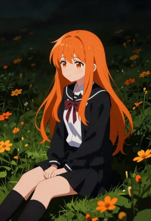 1girl, Long Hair, Orange Hair, School Uniform, Sitting, Stan...