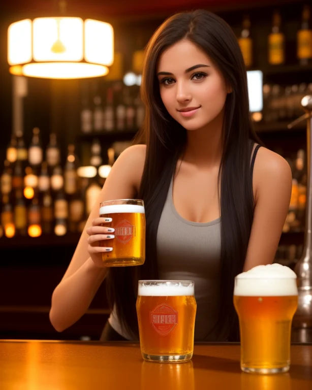 A College Girl At The Bar, Beer In A Steamed Glass, Cozy Bar