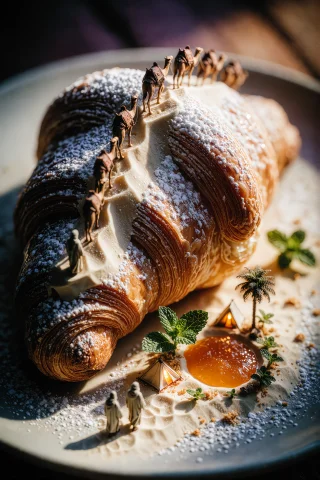 A Golden Croissant On A White Breakfast Plate, Photographed... — Stable Diffusion AI Prompt: A golden croissant on a white breakfast plate, photographed in macro as a desert...
