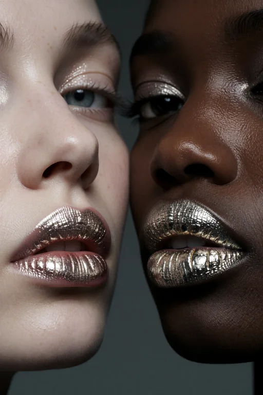 Two Women Press Their Faces Closely Against A Void, One With...