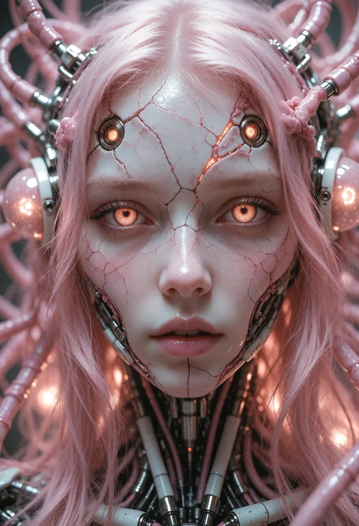 Fair Skin, Long Pink Hair, Glowing Orange Eyes, Cracked Porc...