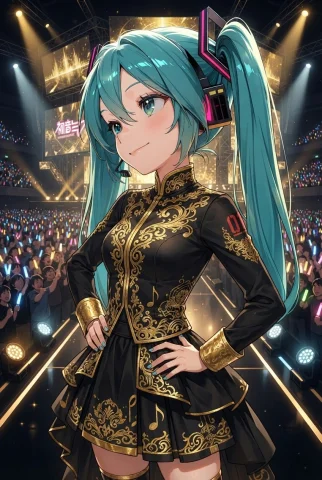 Black And Gold Long Sleaves, Black And Gold Outfit, Backgrou... — Stable Diffusion AI Prompt: black and gold long sleaves, black and gold outfit, background stage with audian...