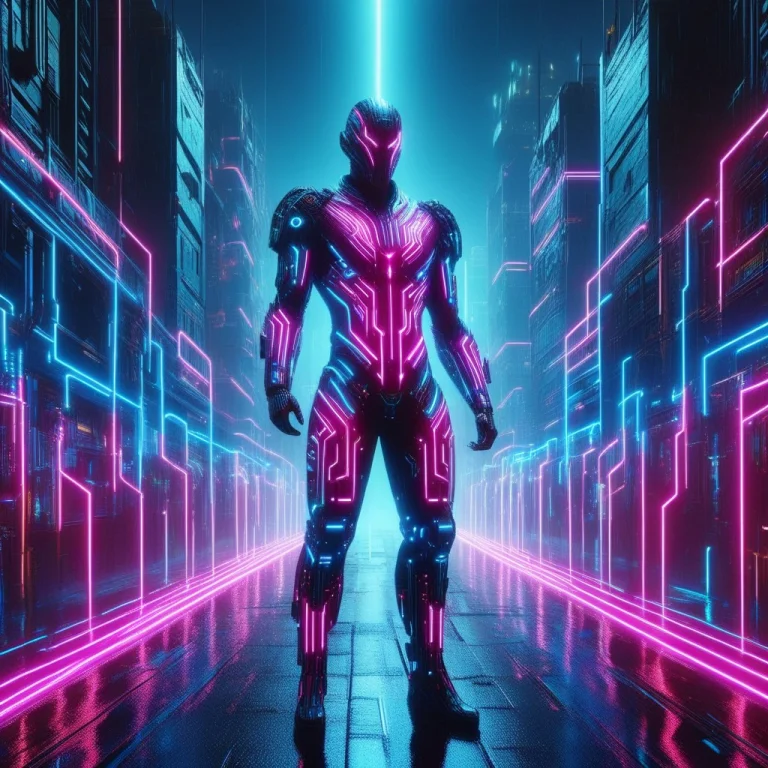 A Futuristic Worker In A Gothic Suit Integrated With Glowing...