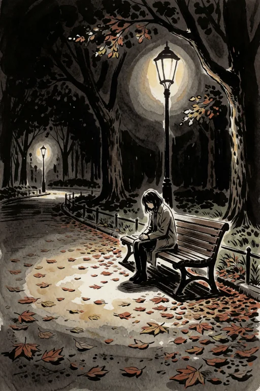 Woman Sitting Alone On A Park Bench At Night, Hands Folded I...