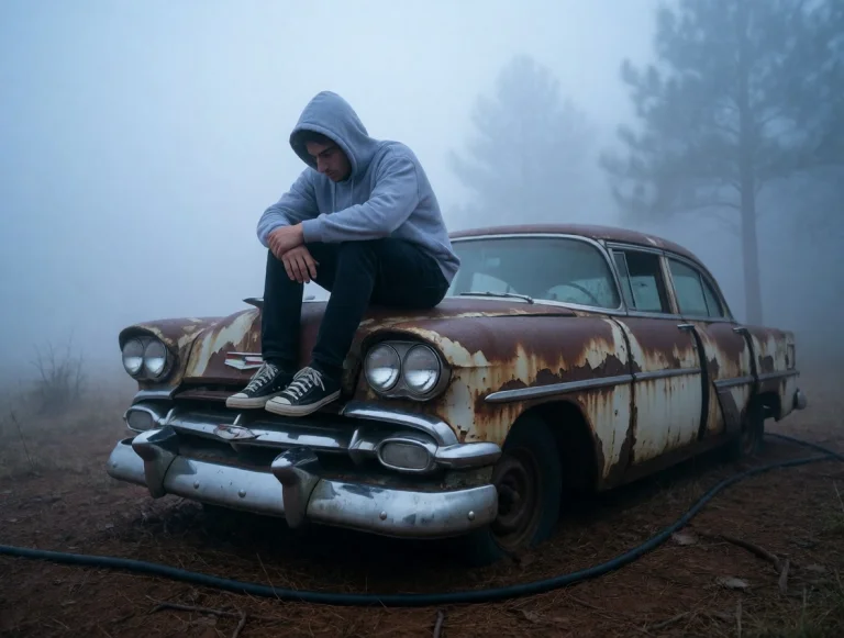 A Young Man Sits Perched On The Hood Of An Abandoned 1950s A...