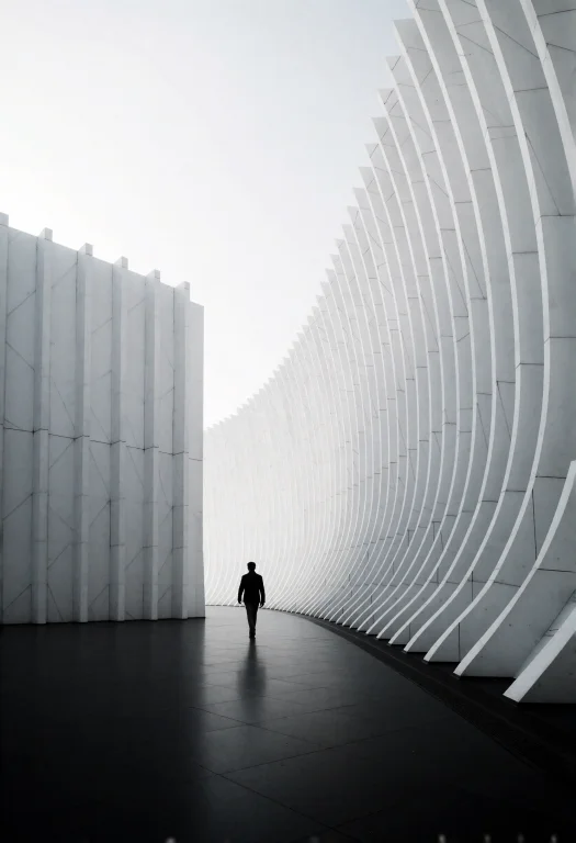 Lone Dark Silhouette Walking Away Through Monumental Minimal...