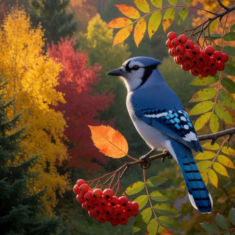 Blue Jay In A Mountain Ash Tree With Fruit And An Orange Lea... — Stable Diffusion AI Prompt: Blue Jay in a mountain ash tree with fruit and an orange leaf illuminated by sun...