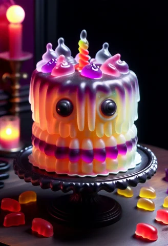 Gummymorph, 8k, Raw Digital Photo, A Gothic Birthday Cake Co... — SDXL AI Prompt: gummymorph, 8k, Raw digital photo, a gothic birthday cake covered with small eye...